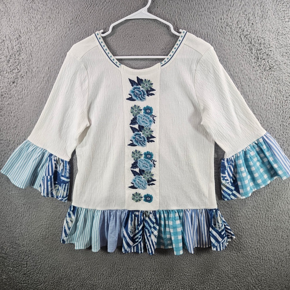 Sharon Young Womens Floral Embroidered Mixed Print Ruffle Top White Blue M